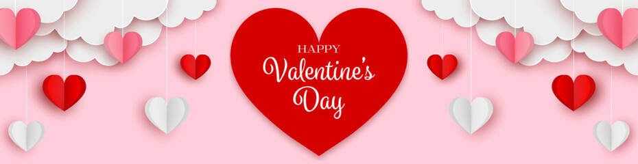valentine's day banner with paper clouds and paper hearts