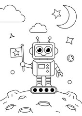 Cute robot holding a star flag on the moon surface for kids space coloring worksheet.