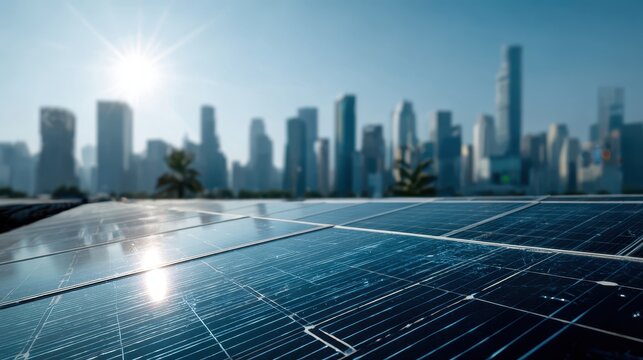 Solar panel farm with city skyline in background, concept of renewable energy and sustainable urban development.
