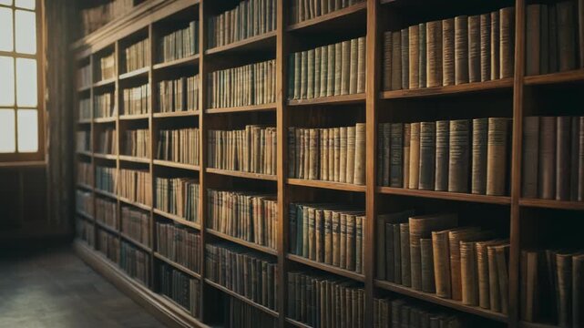 Stunning vintage library with rows of antique books on wooden shelves for literary enthusiasts and history lovers