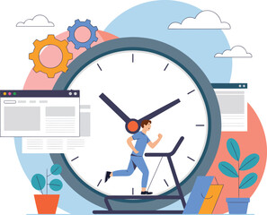 Man running on treadmill in front of giant clock and computer screens