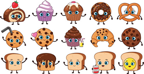 Obraz premium Collection of cute cartoon bakery and dessert mascot characters including cupcake, donut, pretzel, croissant, cookies, muffin, and bread slices with happy faces.