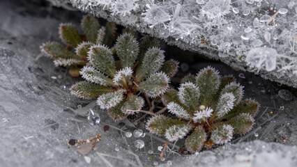 Frost covers green plants growing in a rocky area during winter in a cold environment with ice crystals