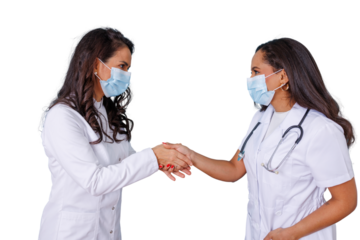Two female doctors wearing medical masks shaking hands, collaborating and making an agreement in healthcare environment, transparent background