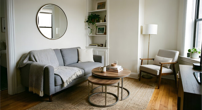 Cozy Small Apartment Living Room Ideas with Grey Sofa & Mid-Century Accents