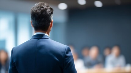 A businessman in a tailored suit stands in front of a group, delivering an engaging presentation. Sunlight filters through large windows, creating a vibrant atmosphere
