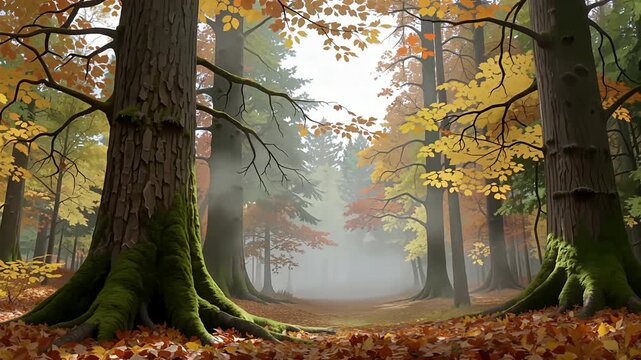 Misty autumn forest pathway with towering trees.