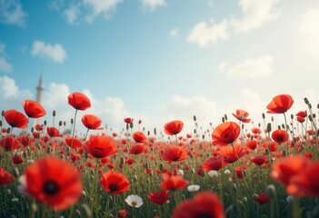 Field of red poppies and blue sky. Panoramic banner AI generated Field of red poppies and blue sky. Panoramic banner AI generated
