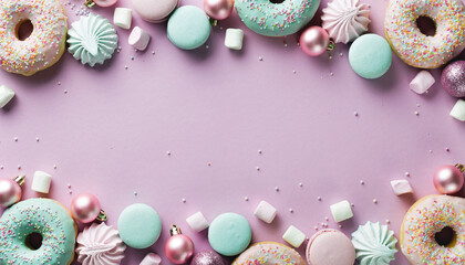 Colorful Pastel Christmas Sweets with Ornaments on Purple Background