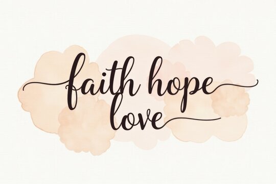 "faith, hope, love" lettering for easter greeting card on light tender watercolor background