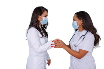 Medical professionals in face masks holding hands, collaborating and supporting each other, transparent background