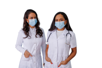 Female medical team wearing protective face masks and lab coats, providing healthcare services, transparent background