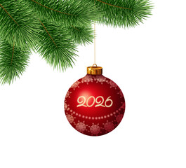 Red Christmas glass ball hanging from a pine branch .New Year's 2026