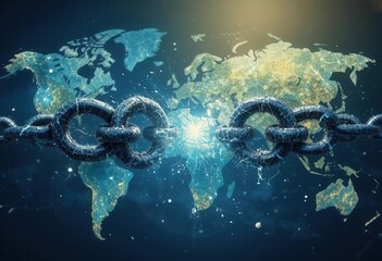 Image of chain links over map of the world. global networking concept digitally generated image. AI generated Image of chain