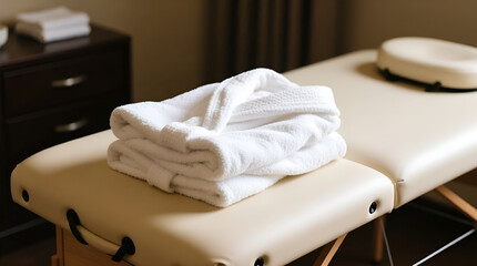 Spa robe neatly folded on massage table in tranquil wellness environment
