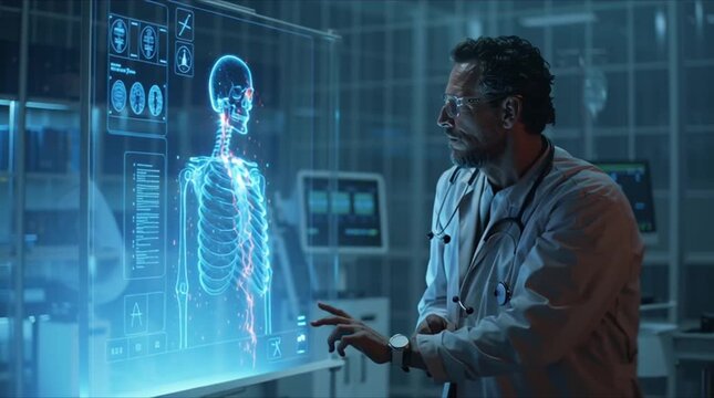 A futuristic doctor carefully examining a floating 3D holographic X-ray projection high-tech surgical room, glowing neon bones organs, holographic data streams ultra-realistic lighting, cinematic 4k