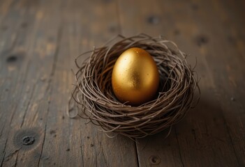 Golden egg in a nest on a wooden background. Easter concept. Generative AI Golden egg in a nest on a wooden background. Easter