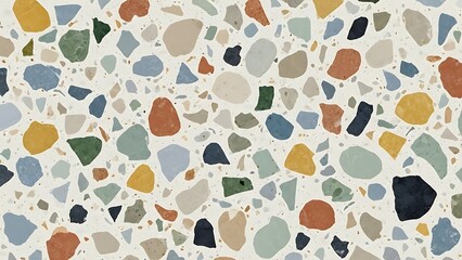 Colorful terrazzo pattern featuring irregularly shaped stones on a light background