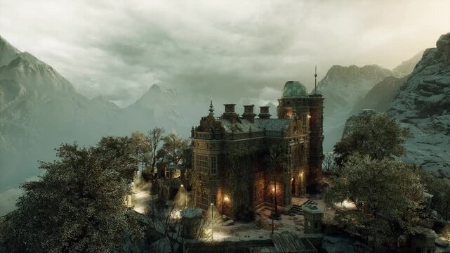 Sunlit alpine castle perched on mountain summit, golden morning light washing stone towers and turrets, soft clouds drifting across clear sky, glazed windows