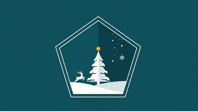 Christmas Tree, Reindeer, and Falling Snow in Geometric Frame and Flat Design Vector Illustration