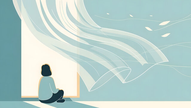 A person sitting by a window, gazing at the blowing curtains and feeling the wind