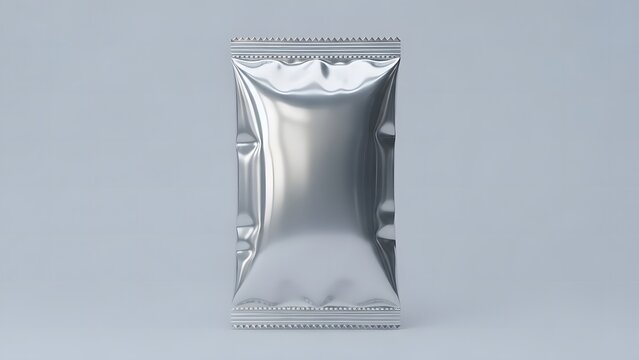A silver foil standing pouch packaging bag on a gray background