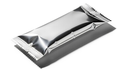 A crumpled silver foil snack or candy wrapper on a white background