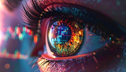 Close-up of an eye with reflections of a futuristic cityscape or data visualization within the iris