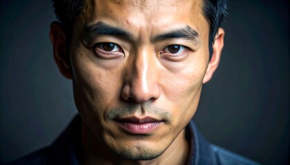 Obraz premium Close-up of an Asian man with a serious expression against a blurred dark background, looking directly at the viewer