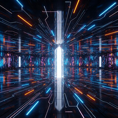 A calm outdoor scene showing green fields under a bright blue sky with soft clouds