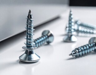Close-up macro shot of metal screws on a white surface with shallow depth of field