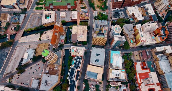 Downtown of modern San Antonio, Texas, USA. Tower Life Building and San Pedro Creek in the scenery. Top view.