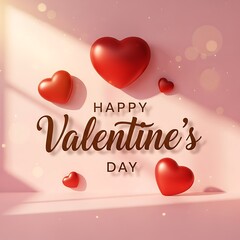 Happy valentines day with red hearts on pink background