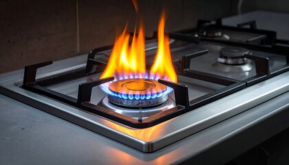 Close-up of blue and orange flames rising from a gas stovetop burner, metal grates visible, against a blurred background