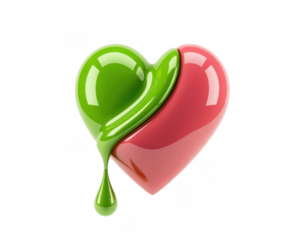 Green and pink heart with dripping paint on black green heart isolated isolated on a transparent background
