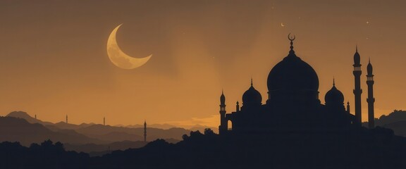 Fototapeta premium Silhouette of mosque at sunset with crescent moon and star AI generated Silhouette of mosque at sunset with crescent moon and
