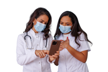 Healthcare professionals managing online medical consultations with a mobile phone, discussing patient information, transparent background