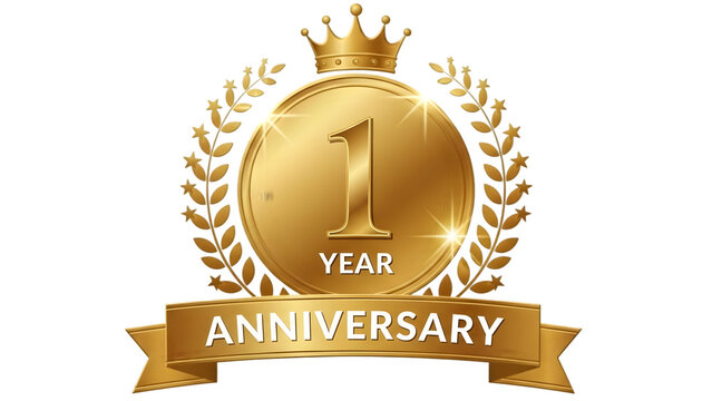 Golden 1 year anniversary logo with crown and laurel wreath