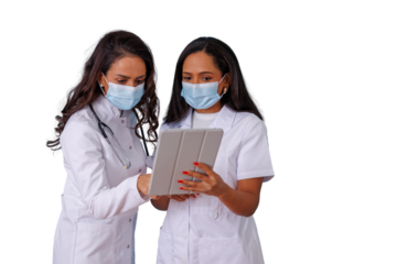 Medical professionals collaborating on digital tablet, discussing patient data with face masks, transparent background