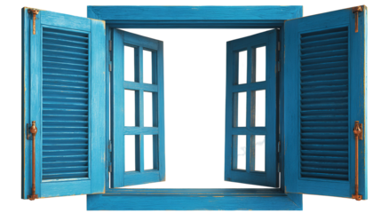 Vintage Blue Wooden Window with Shutters on Old House Facade