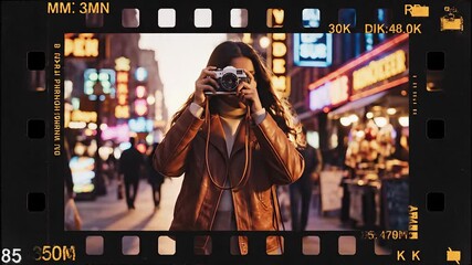 A young woman with long hair dressed in a stylish brown jacket and turtleneck captures vibrant city life at night with her vintage film camera framed within a classic film strip border exploring the .