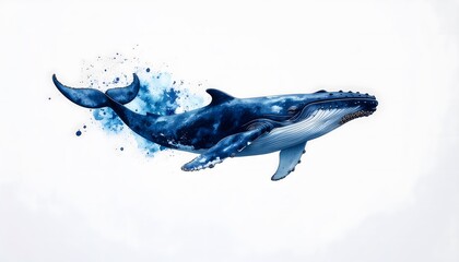 A majestic blue whale with a dynamic splash effect, swimming gracefully against a pristine white background, showcasing its powerful form and the beauty of marine life.
