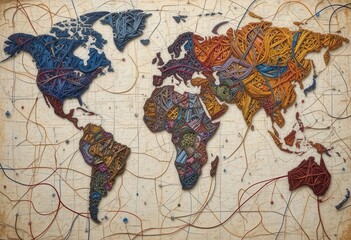 Obraz premium Map of the world on old paper background. Vintage style. Travel concept. AI generated Map of the world on old paper background.