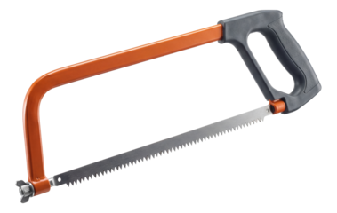 Lightweight bow saw with a plastic handle and bright orange frame for easy visibility.