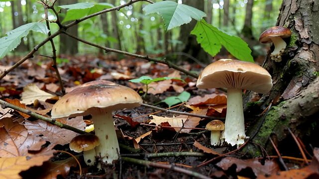 Forest Floor Mushrooms Growing Along Damp Leaf Litter Path.
