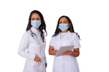 Medical team women wearing face masks and white lab coats, working in healthcare during pandemic, a transparent background