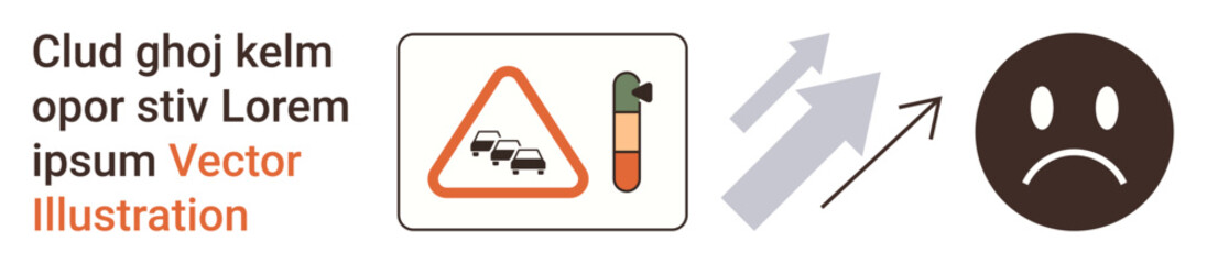 Fototapeta premium Environmental awareness, air pollution, traffic congestion, climate impact, eco-sustainability, public health. Images of traffic sign, pollution indicator and sad face. Air pollution