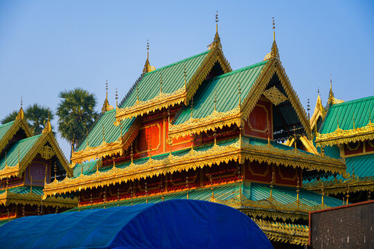 Tiered roofs of the Shan style of the Burman architecture in the Wat Chong Klang temple, Mae Hong Son, Northern Thailand