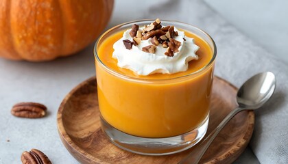 Pumpkin Dessert with Whipped Cream &ndash; Autumn Treat Featuring Pecans, Glass Cup, and Seasonal Presentation