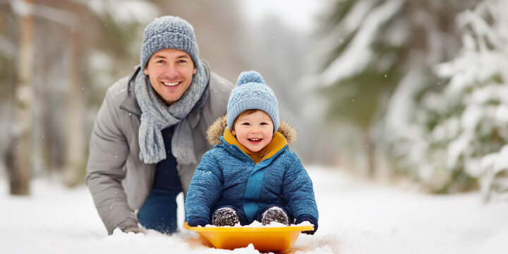 A father takes his happy son sledding in a snowy park. The theme is family and childhood.